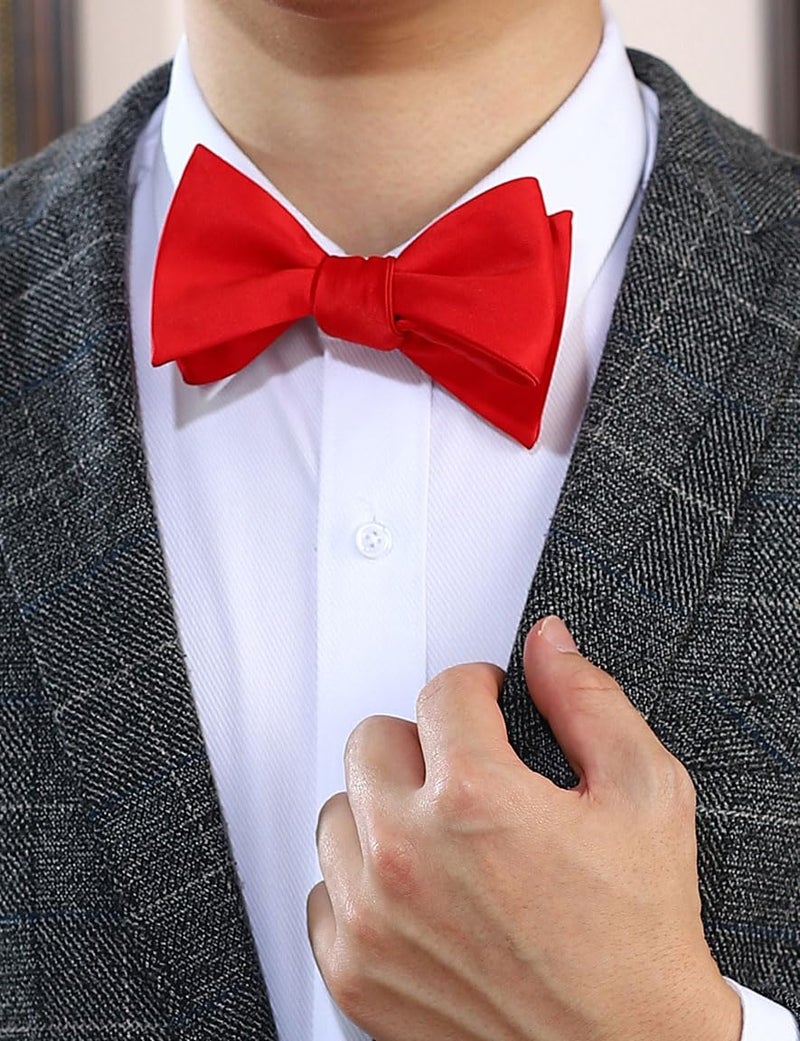 PenSee Mens Self Bow Tie Solid Red Jacquard Woven Silk Bow Ties - Image 2